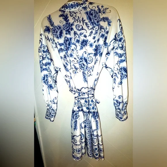 Alex Marie Wren Flor Blue Chinoiserie Scroll Mini Dress tie belt size 8 medium - Picture 6 of 12